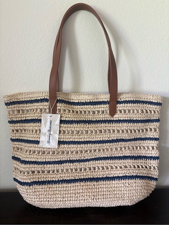 Tommy Bahama Handbags - Tommy Bahama Natural Straw Tote with Navy Stripes and Brown Handles